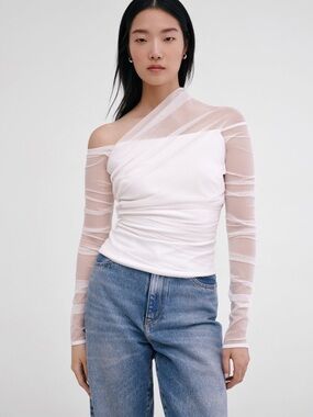 NWT Marcella NYC Monroe Mesh Drape One Shoulder Top White Long Sleeve - Size L